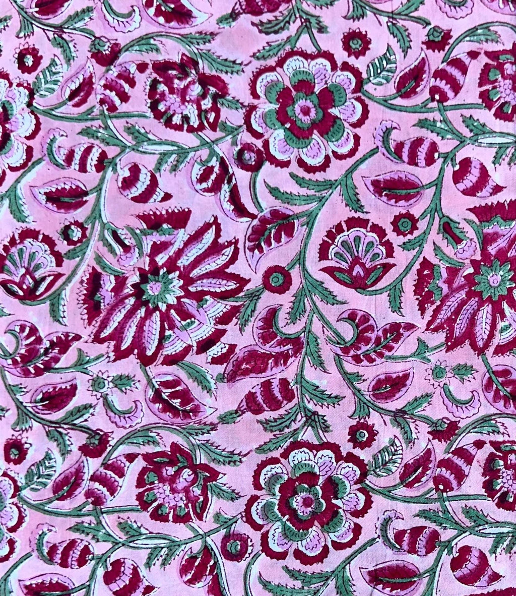 Pink Floral Block Print Cotton Fabric by the Yard | Indian Handmade Cotton for Sewing, Quilting, Dressmaking | Printed Floral Fabric