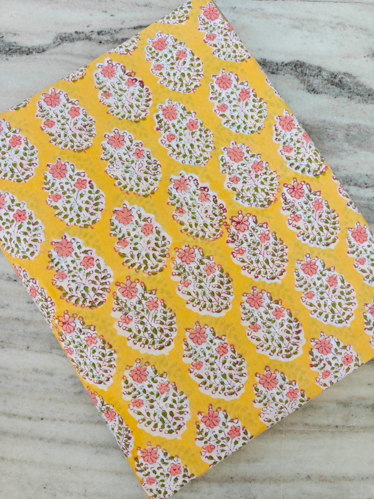 Yellow Floral Cotton Fabric – Pink Buta Block Print Fabric by the Yard – Indian Hand Block Print Style – Soft Quilting & Dressmaking Fabric