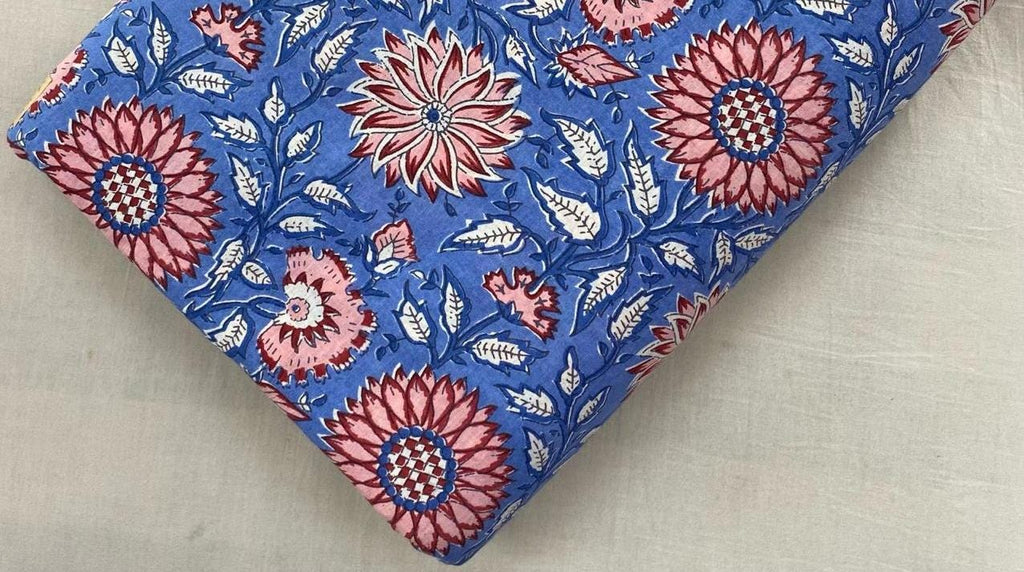 Blue Floral Cotton Fabric, Hand Block Print Fabric, Red Pink Flower Indian Cotton Fabric by Yard, Boho Quilting Sewing Dressmaking Fabric