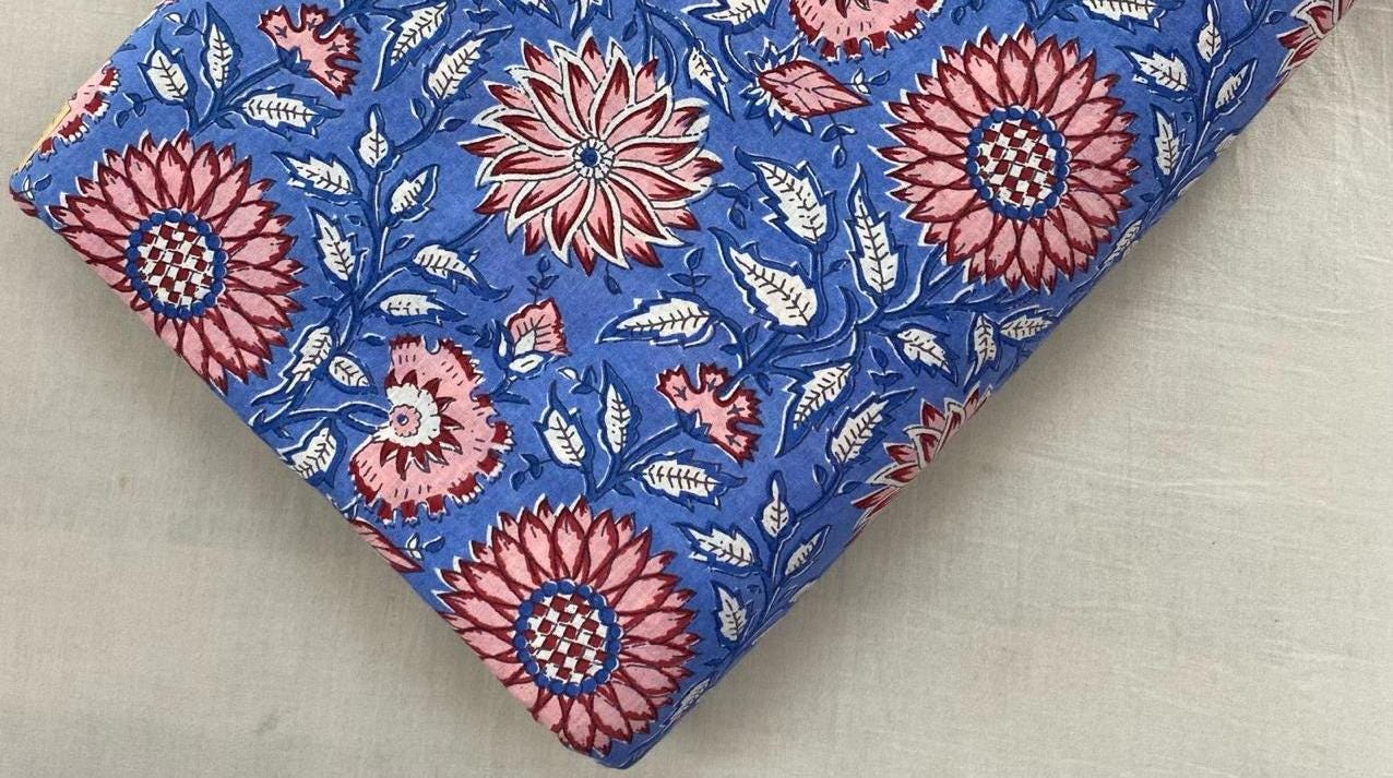 Blue Floral Cotton Fabric, Hand Block Print Fabric, Red Pink Flower Indian Cotton Fabric by Yard, Boho Quilting Sewing Dressmaking Fabric