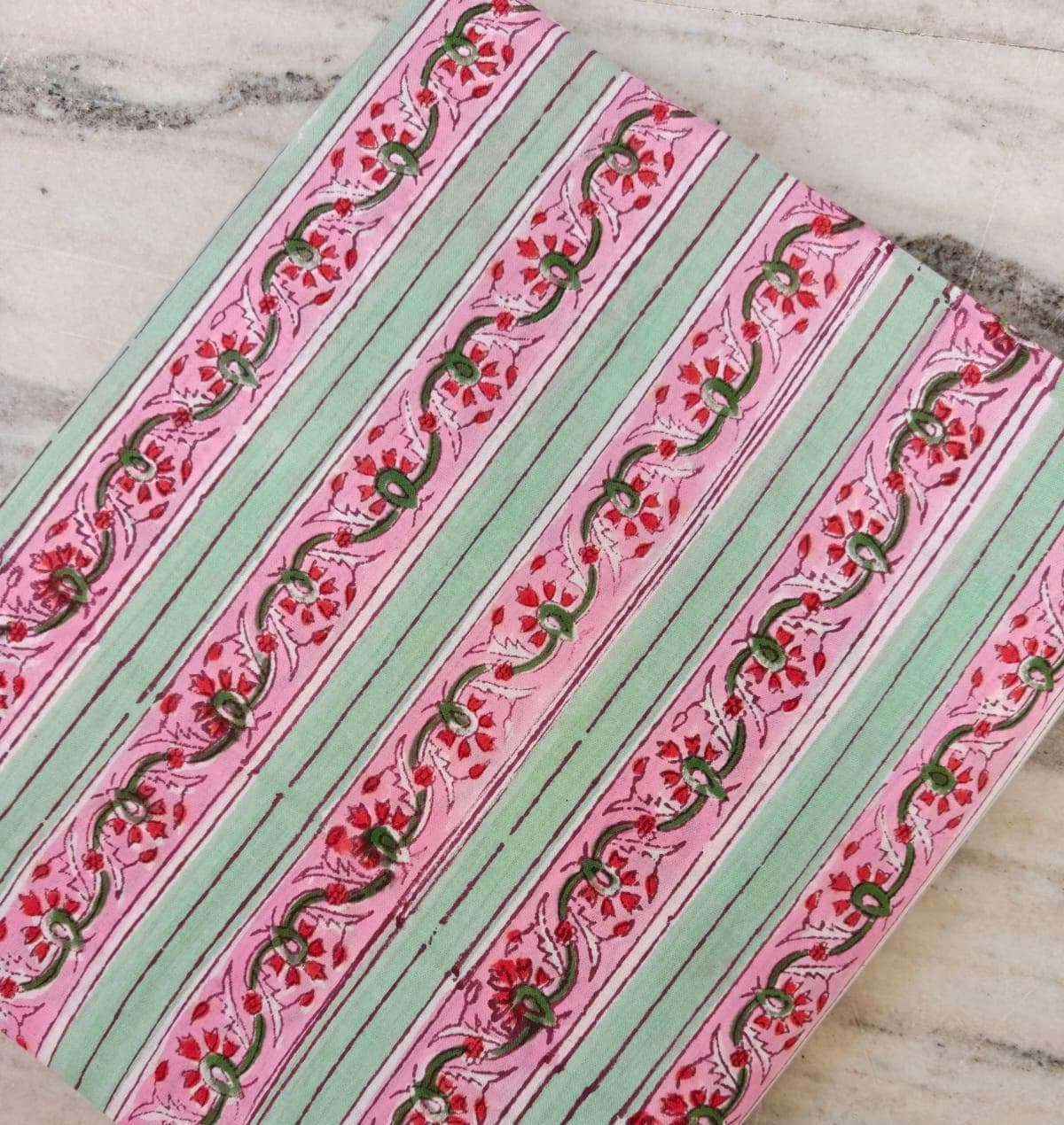 Pink & Mint Green Floral Stripe Cotton Fabric, Hand Block Print Indian Cotton by the Yard, Boho Vine Print for Dressmaking Quilting, Napkins