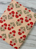 Red Floral Cotton Fabric by the Yard, Red Flower and Olive Green Print Fabric, Traditional Floral Pattern for Dresses, Curtains, Quilts