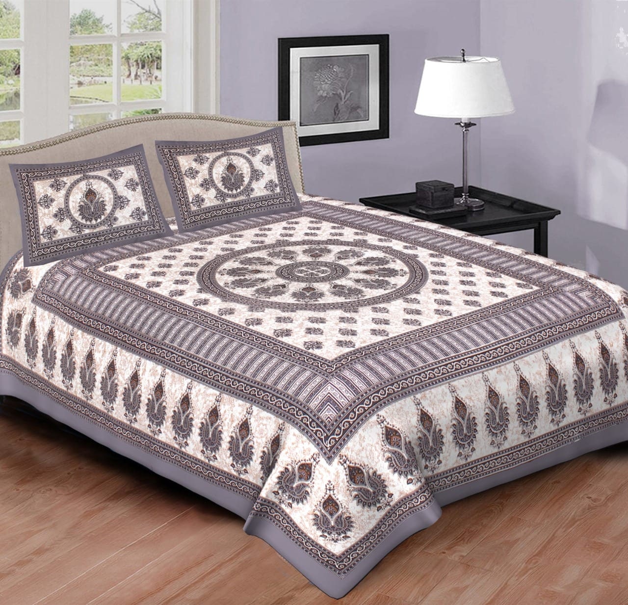 Rajasthan Cotton Multi Color Sanganeri Print Bedsheet, 90x100 INCH, Queen Size Double Bedspread With 2 Pillow Cover, Jaipur Bedsheet Queen