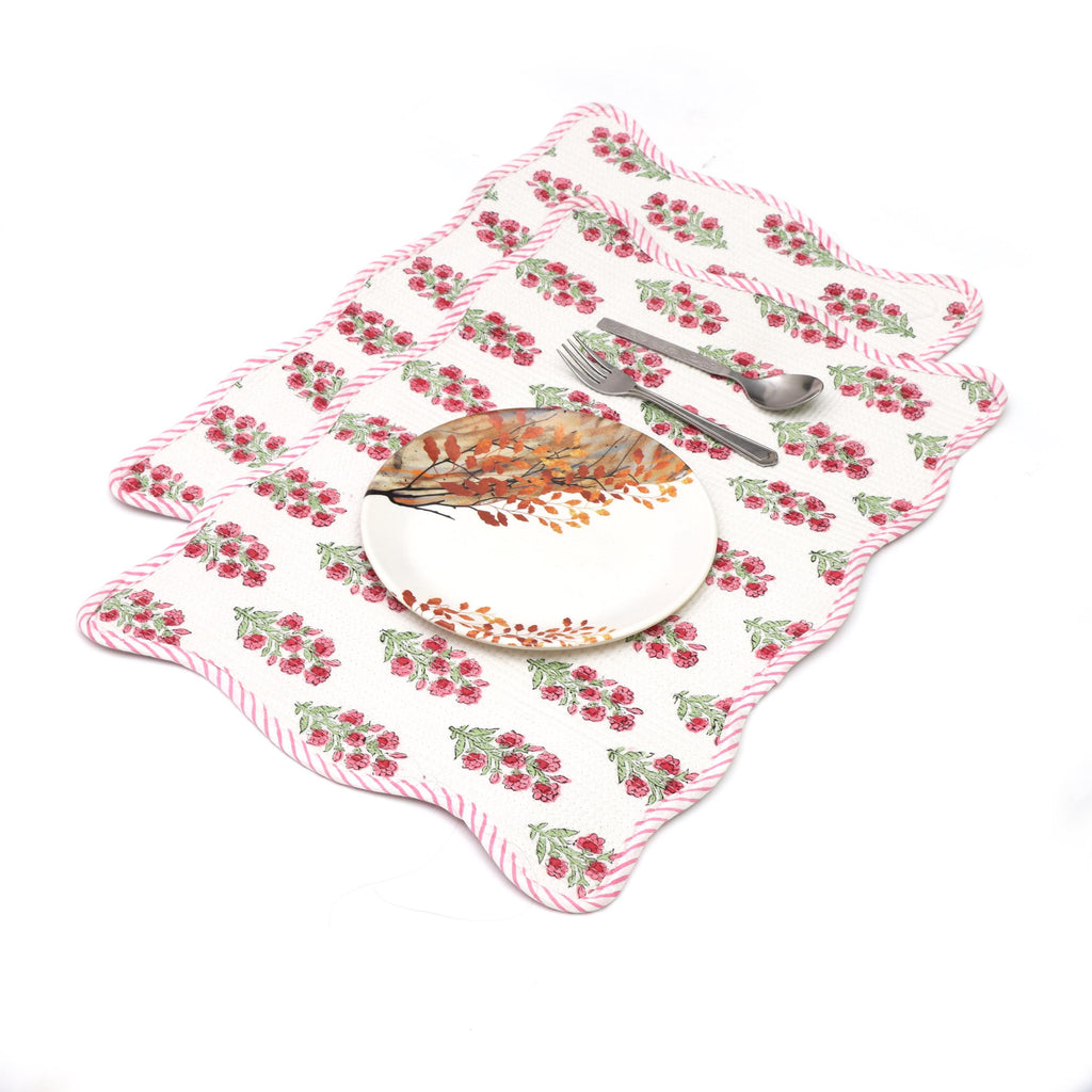 Pink Floral Block Print Table Mats, Handmade Quilted Scalloped Placemats, Reversible Cotton Dining Placemats Kitchen & Table Decor Placemats