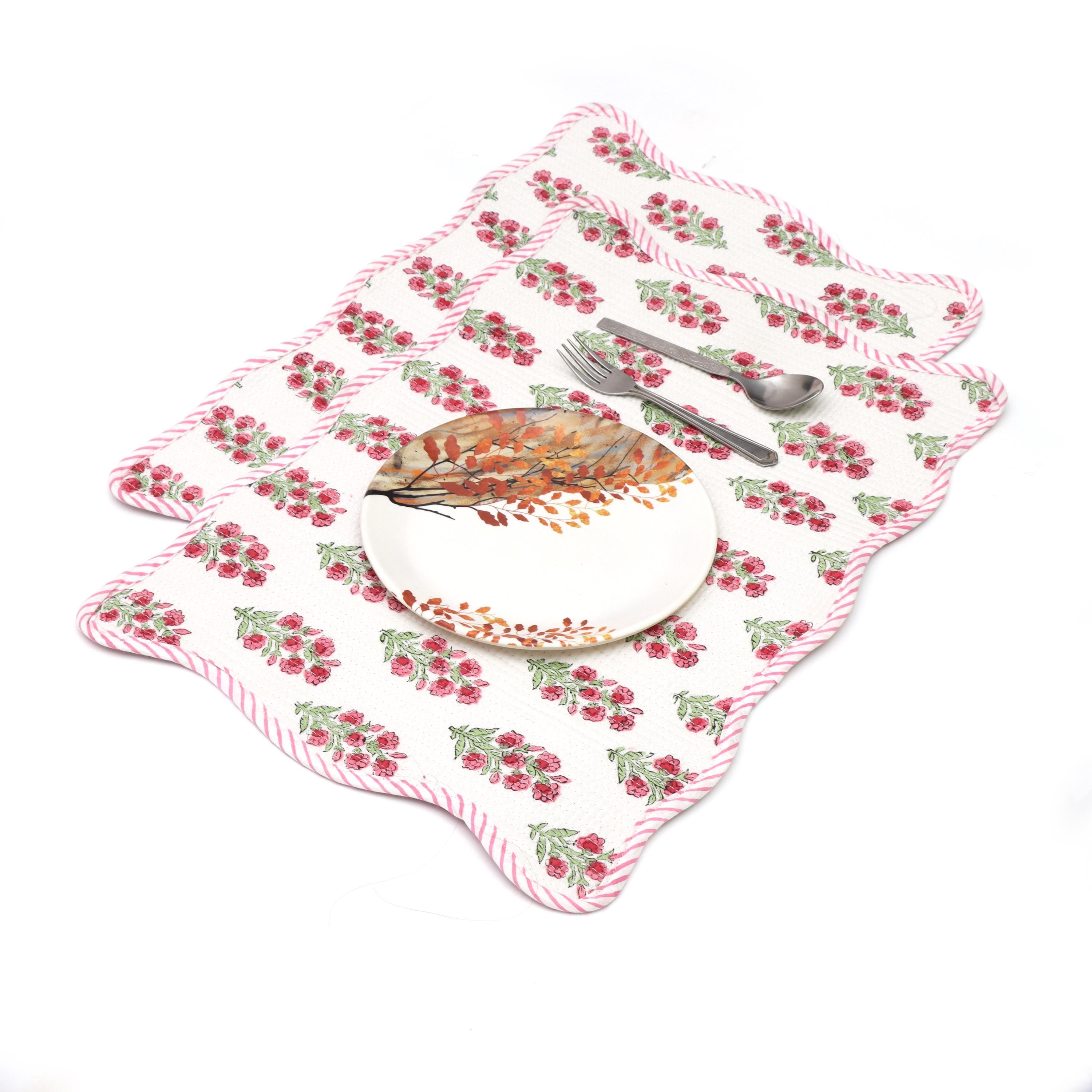 Pink Floral Block Print Table Mats, Handmade Quilted Scalloped Placemats, Reversible Cotton Dining Placemats Kitchen & Table Decor Placemats