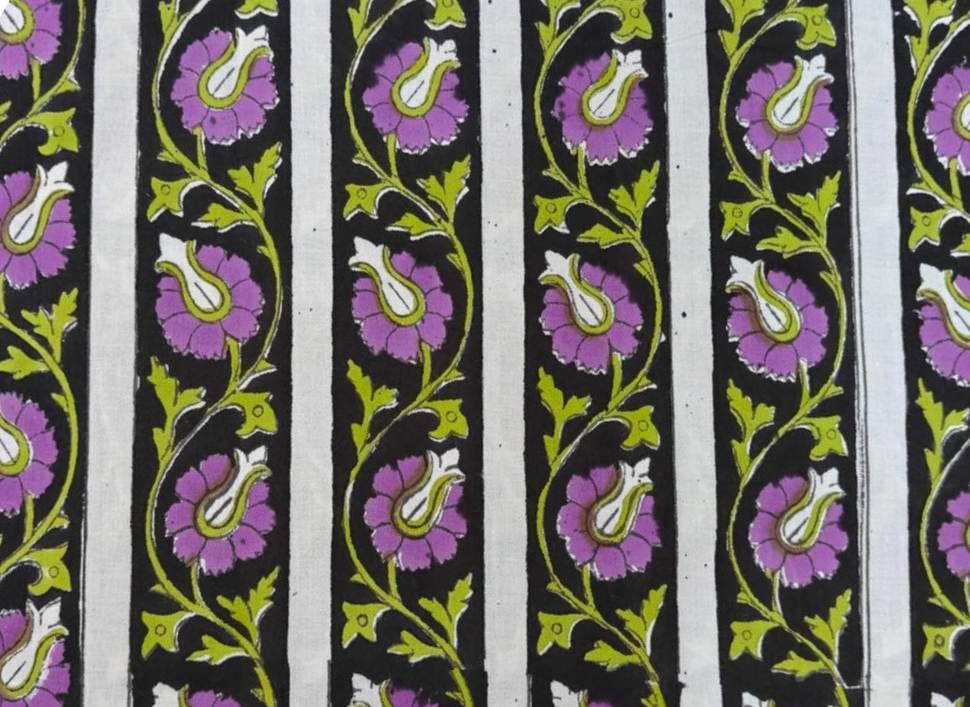 Black Striped Floral Cotton Fabric, Indian Block Print Fabric, Purple Green Boho Fabric, Soft Cotton for Sewing, Quilting, Dressmaking