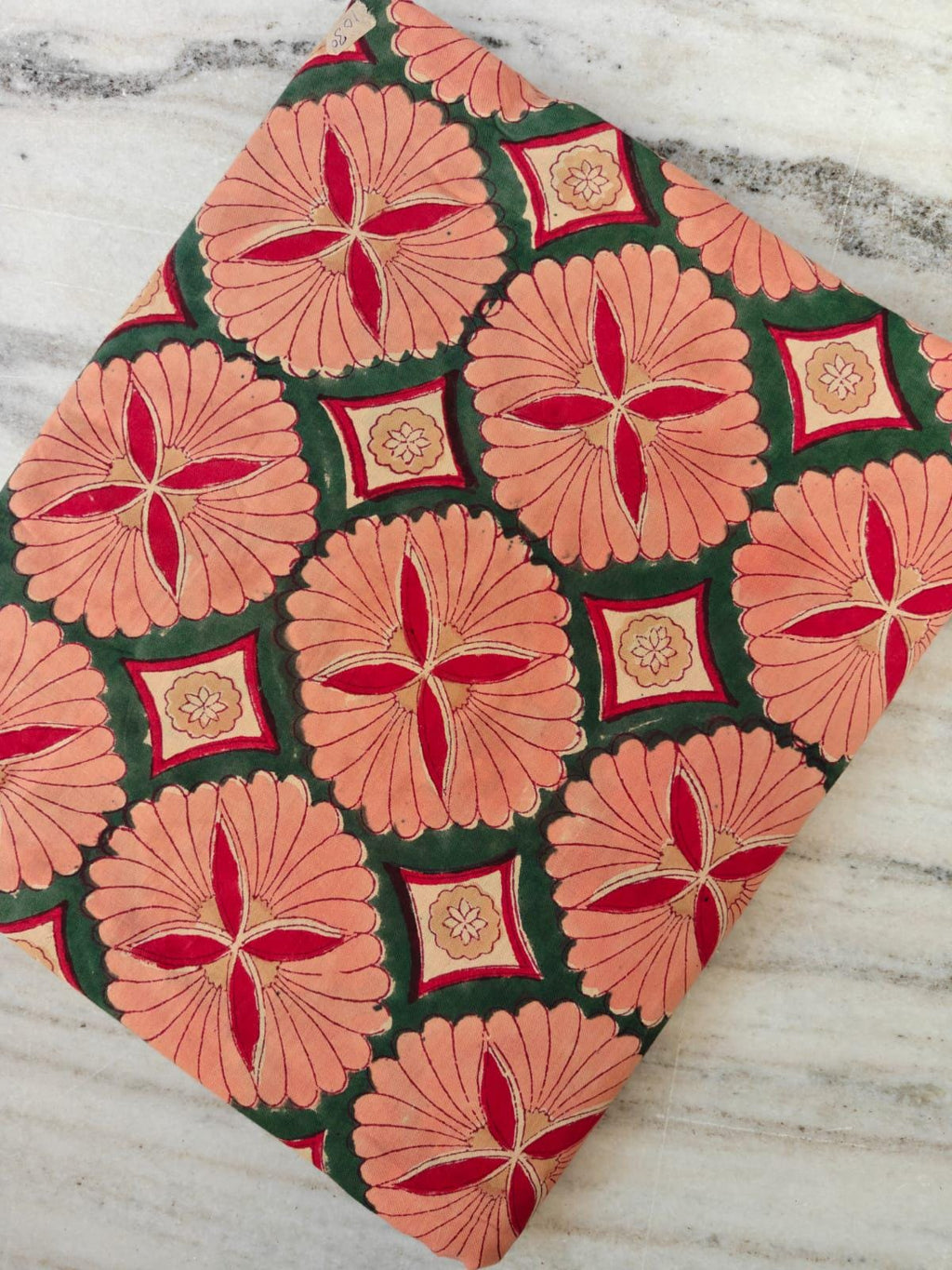Peach and Green Floral Cotton Fabric by Yard, Indian Hand Block Print Fabric, Red Flower Cotton Material for Dress, Quilting & Home Decor