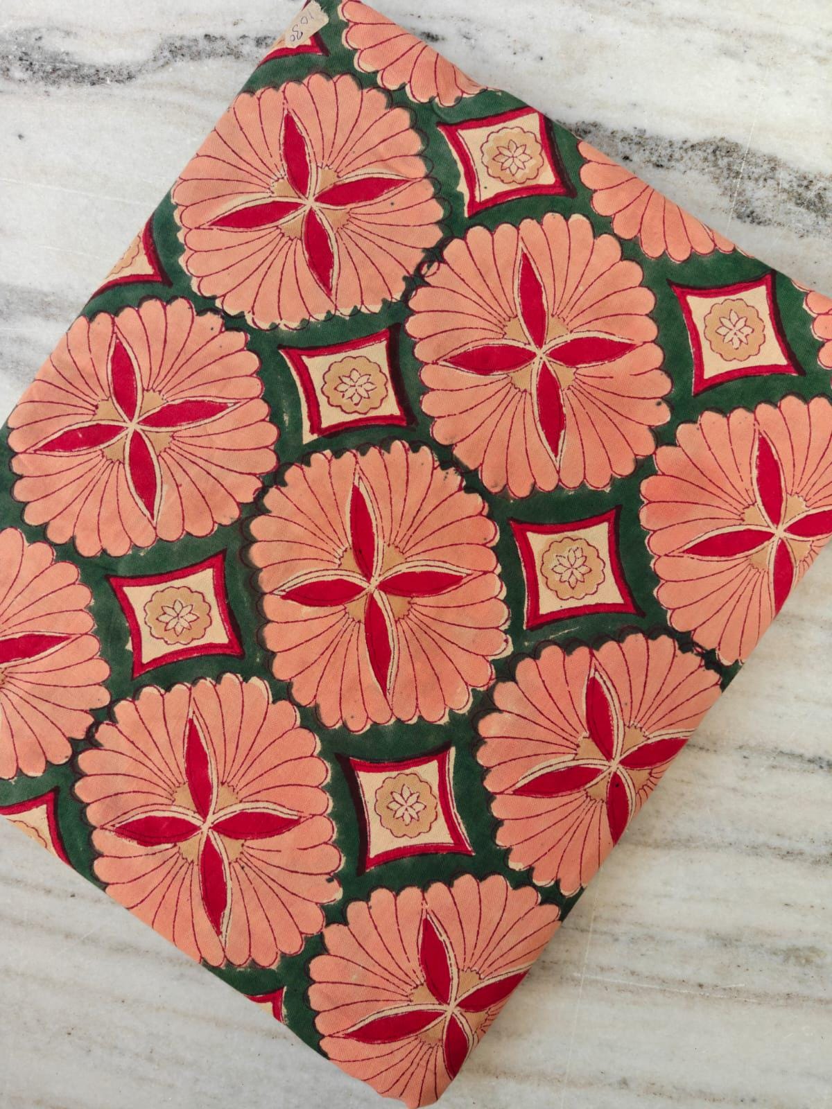 Peach and Green Floral Cotton Fabric by Yard, Indian Hand Block Print Fabric, Red Flower Cotton Material for Dress, Quilting & Home Decor
