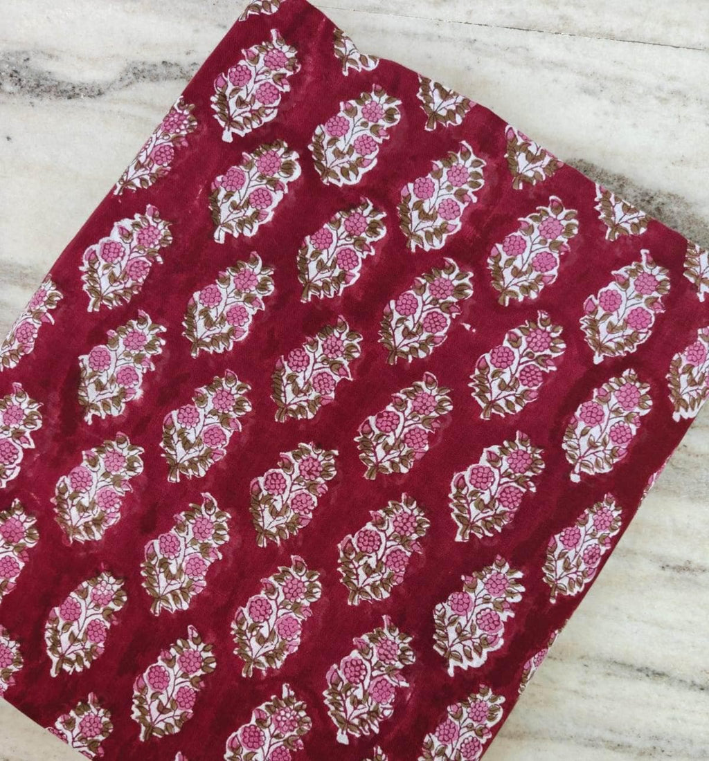 Hand Block Print Cotton Fabric, Red Booti Floral Indian Fabric by the Yard, Pink Buta Print Textile for Sewing, Quilting, Dressmaking Napkin