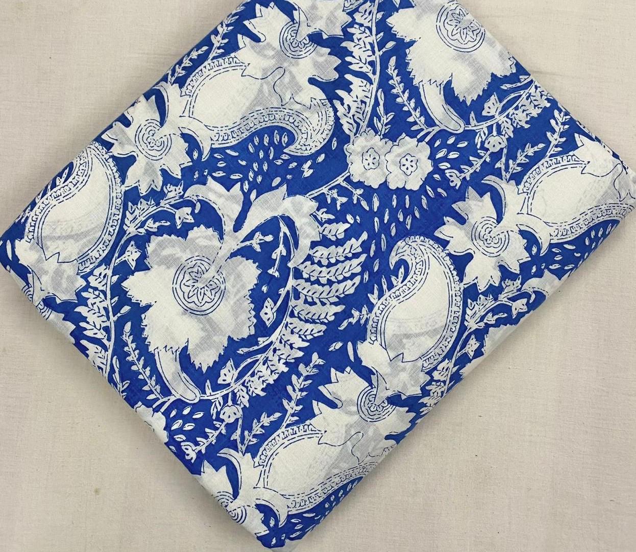 Blue White Floral Cotton Fabric, Hand Block Print Fabric by Yard, Indian Sanganeri Fabric, Soft Dressmaking Fabric, Quilting Craft Textile