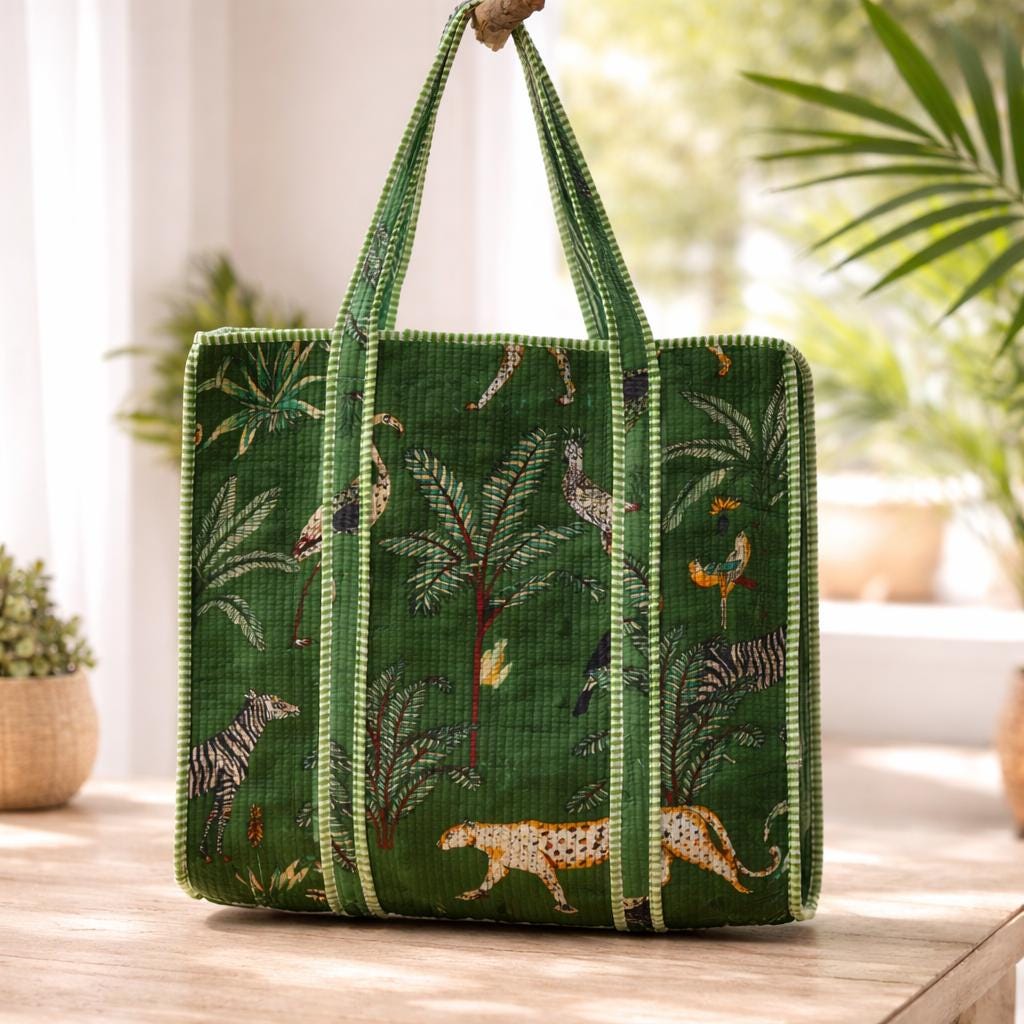 Green Jungle Print Quilted Tote Bag, Handmade Cotton Block Print Shoulder Bag, Large Fabric Shopper, Reusable Market Bag, Safari Animal Tote