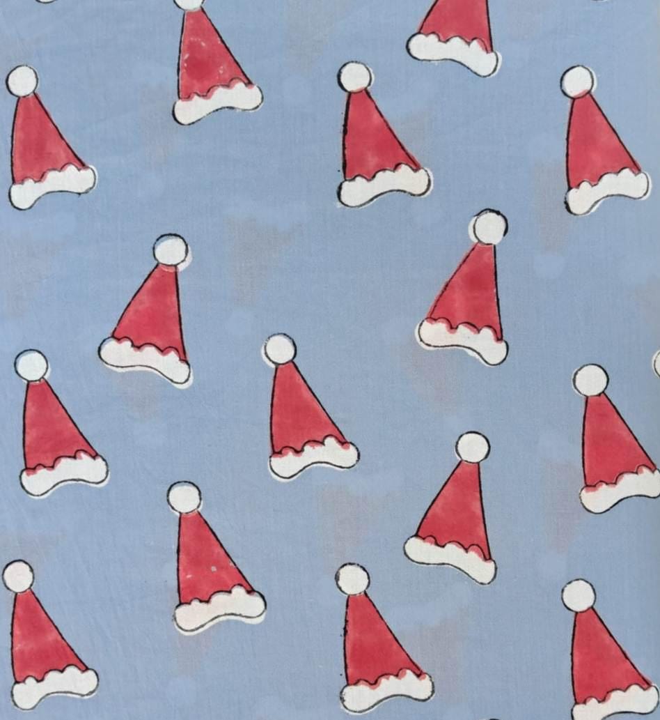 Christmas Santa Hat Cotton Fabric | Red Santa Cap Print | Holiday Sewing Material | Quilting, Christmas Fabric By The Yard | Gift For Her