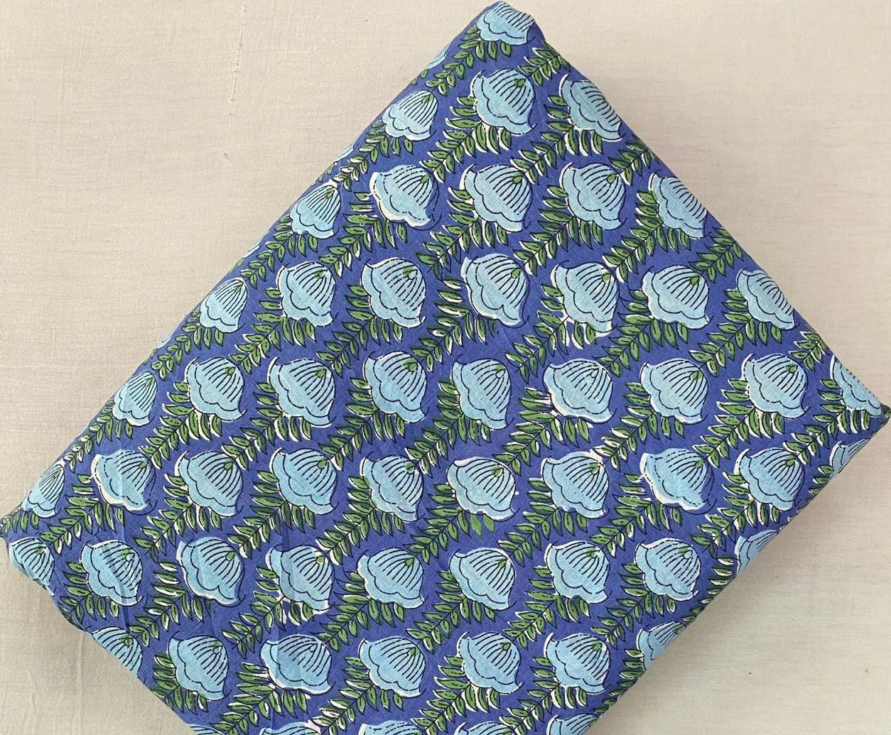 Blue Floral Cotton Fabric by Yard, Indian Block Print Buti Fabric, Hand Printed Cotton Material, Boho Dressmaking Quilting Craft Fabric
