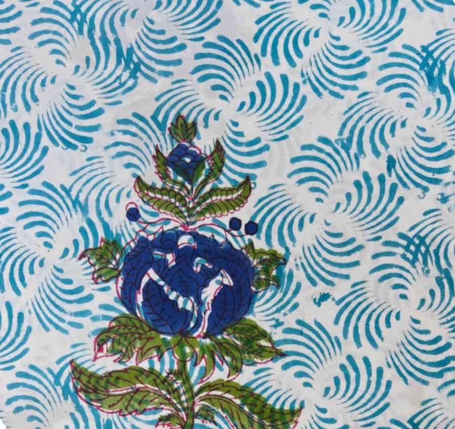 Hand Block Print Cotton Fabric, Blue Floral Indian Cotton, Turquoise Swirl Pattern Fabric, Soft Cotton Fabric by Yard Quilting Sewing Fabric