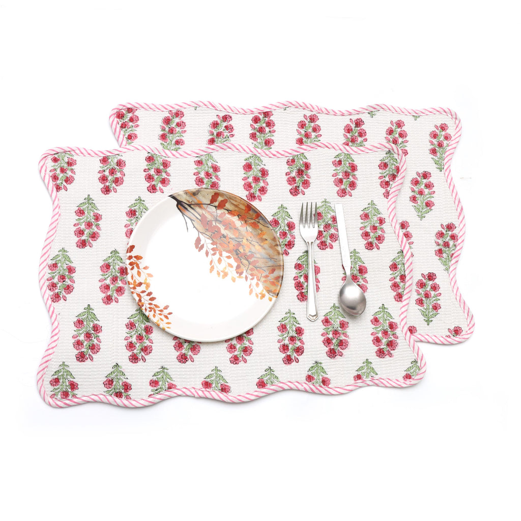 Pink Floral Block Print Table Mats, Handmade Quilted Scalloped Placemats, Reversible Cotton Dining Placemats Kitchen & Table Decor Placemats