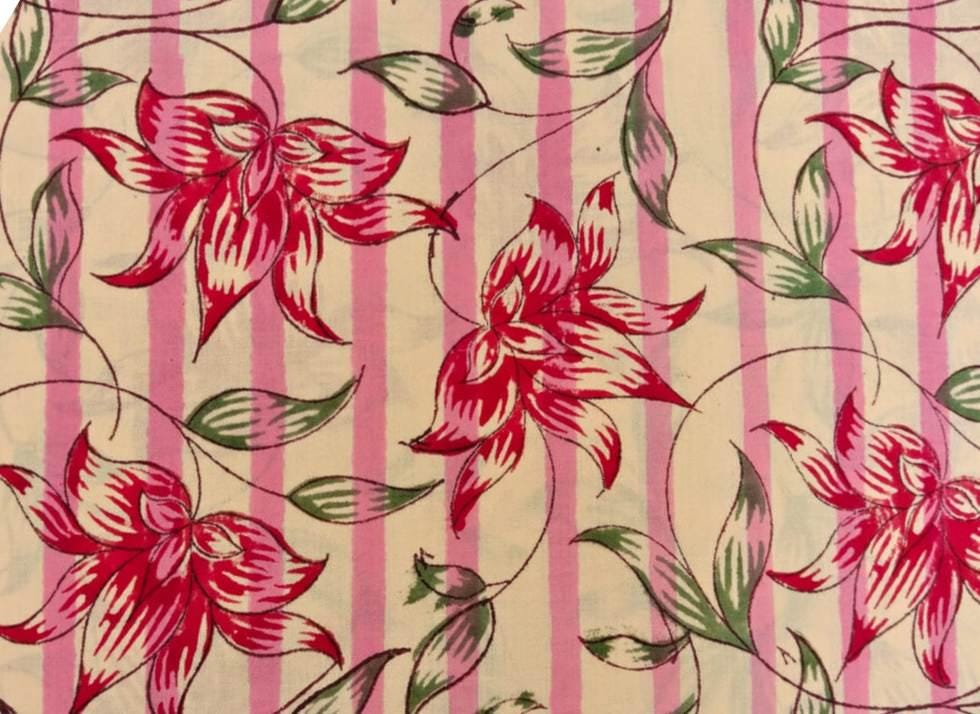 Red Floral Cotton Fabric, Pink Stripe Background, Indian Block Print Style, Dressmaking, Quilting & Home Decor Fabric by the Yard, Napkins