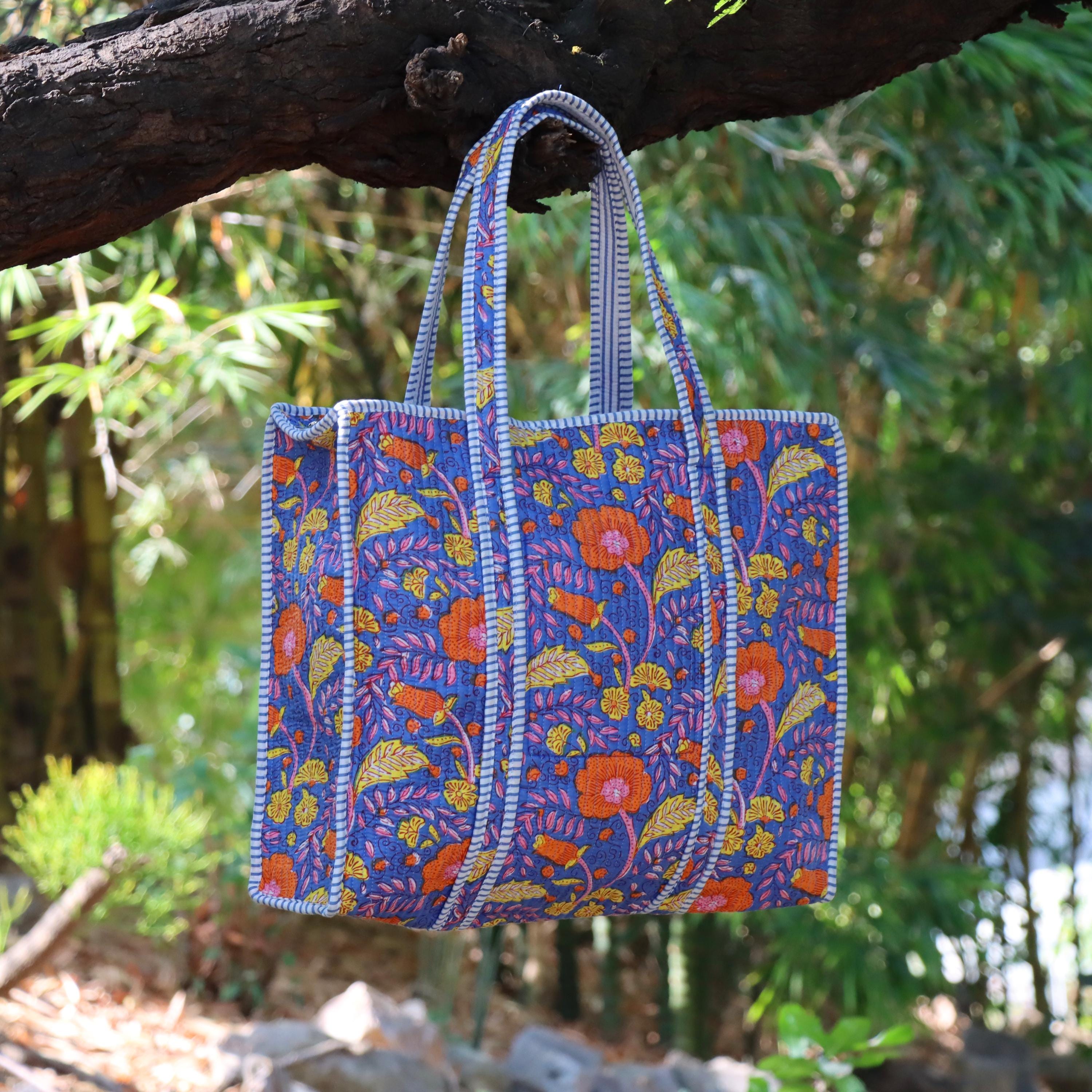 Handmade Quilted Floral Tote Bag, Blue Cotton Shoulder Bag, Block Print Everyday Tote, Boho Reusable Shopping Bag, Gift for Her