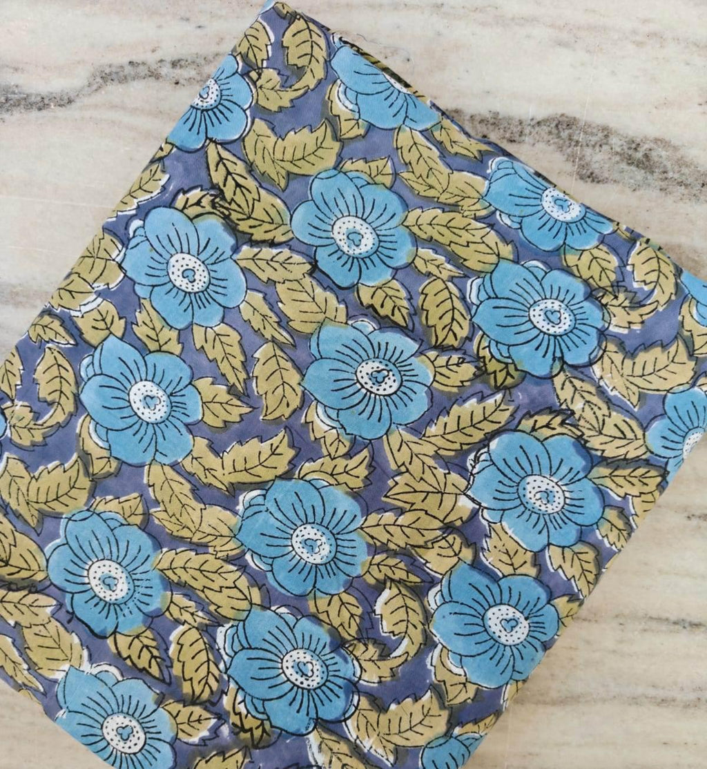 Blue Floral Cotton Fabric, Hand Block Print Fabric, Indian Cotton Fabric by Yard, Vintage Style Flower Print, Sewing Quilting Craft Fabric