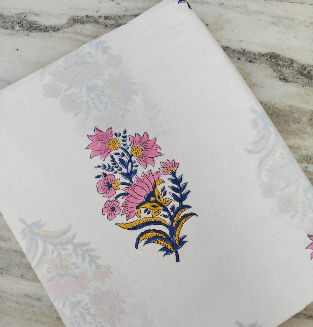 Pink Blue Floral Cotton Fabric by the Yard, White Botanical Print Fabric, Indian Block Print Style Fabric for Quilting & Dressmaking, Napkin