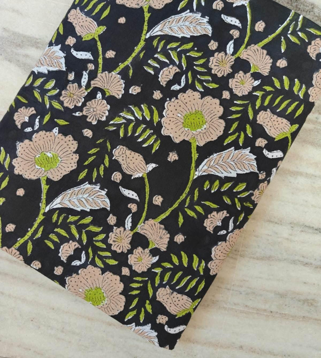 Black Floral Block Print Cotton Fabric, Hand Block Printed Indian Cotton by the Yard, Beige Flower Boho Fabric for Dressmaking, Quilting