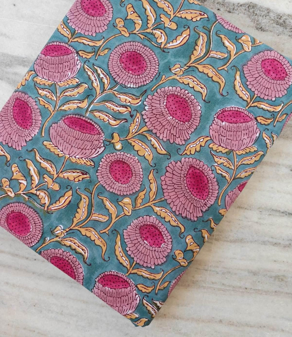 Teal Blue Floral Cotton Fabric, Pink Block Print Fabric, Indian Hand Printed Textile, Boho Sewing Fabric by Yard, Fabric For Dress Making