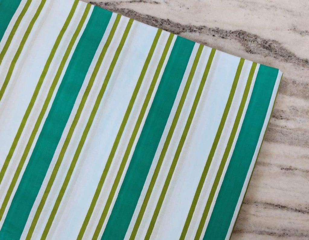 Green and White Striped Cotton Fabric, Hand Block Print Textile, Teal Olive Stripe Fabric, Soft Cotton, Sewing Craft Fabric, By the Yard