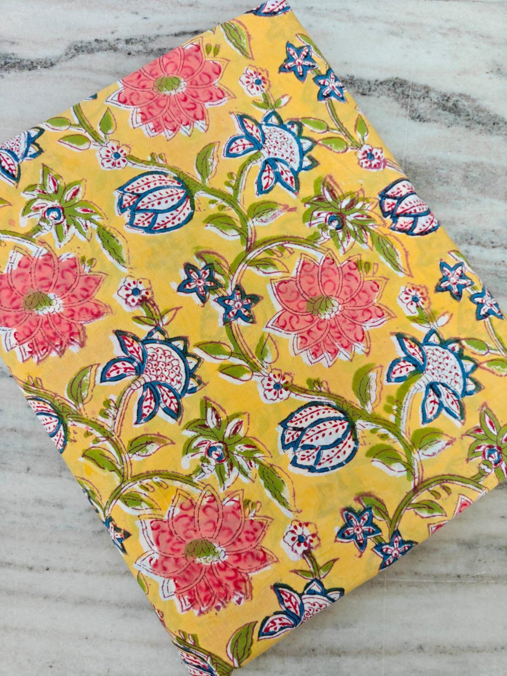 Yellow Floral Cotton Fabric, Indian Block Print Fabric by the Yard, Pink Blue Flower Print, Quilting Sewing Fabric, Loose Running Fabric