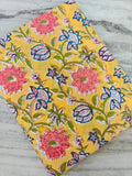 Yellow Floral Cotton Fabric, Indian Block Print Fabric by the Yard, Pink Blue Flower Print, Quilting Sewing Fabric, Loose Running Fabric