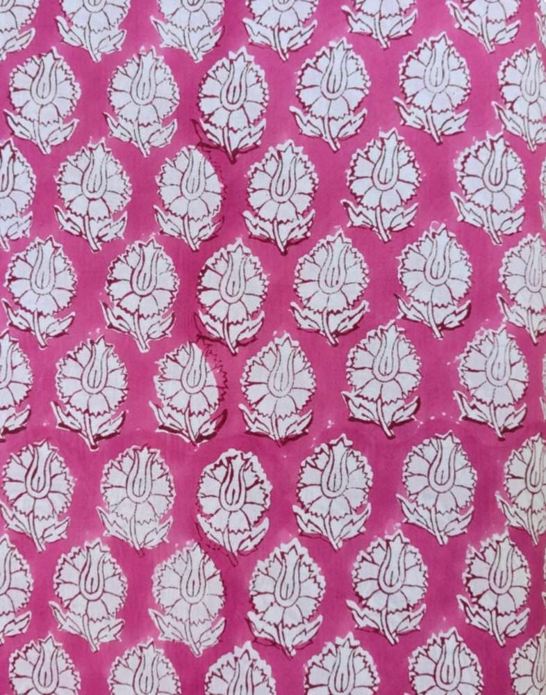 Hot Pink Hand Block Print Cotton Fabric White Floral Indian Textile, Bulk Fabric Supply Dressmaking Quilting Craft Upholstery Fabric by Yard