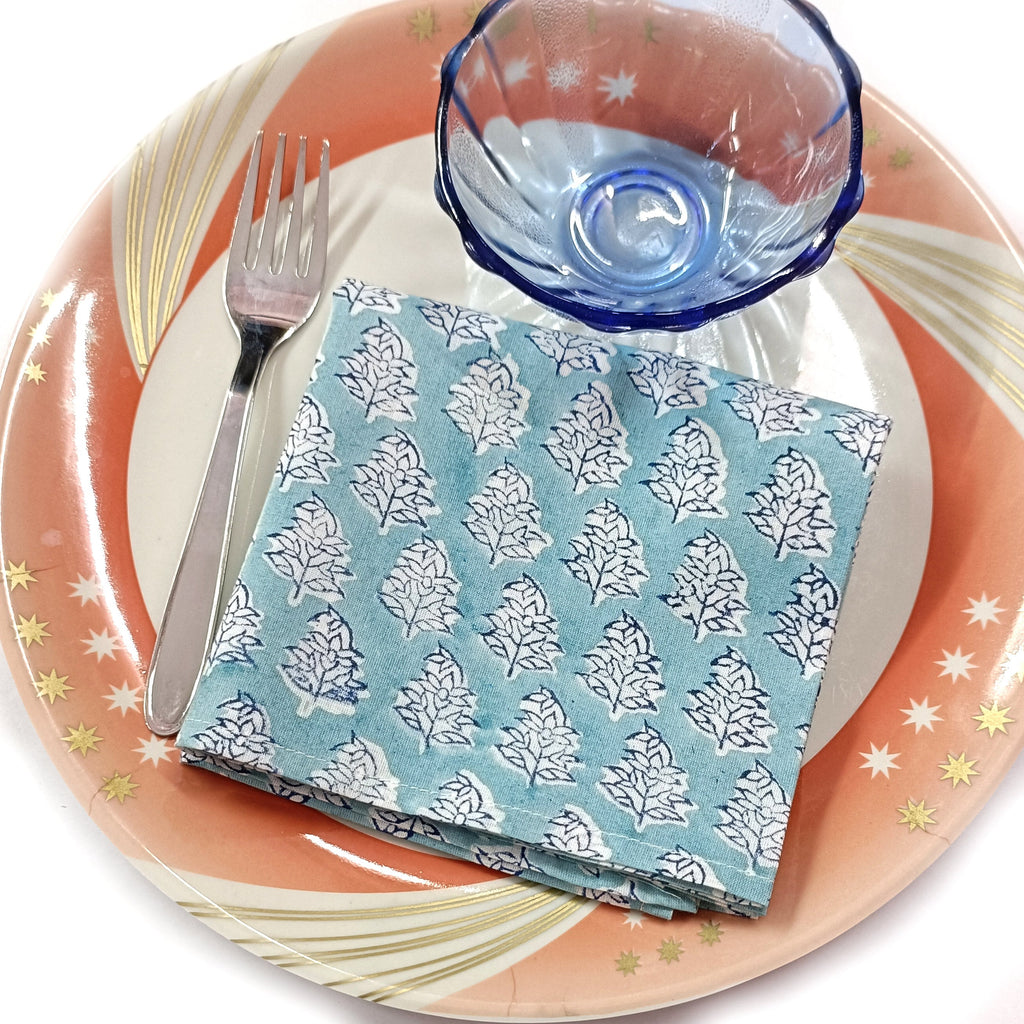 Hand Block Print Cotton Napkin Set, Blue Floral Cloth Napkins, Eco Friendly Reusable Dinner Napkins, Boho Table Linen, Sustainable Kitchen Decor, Set of 4