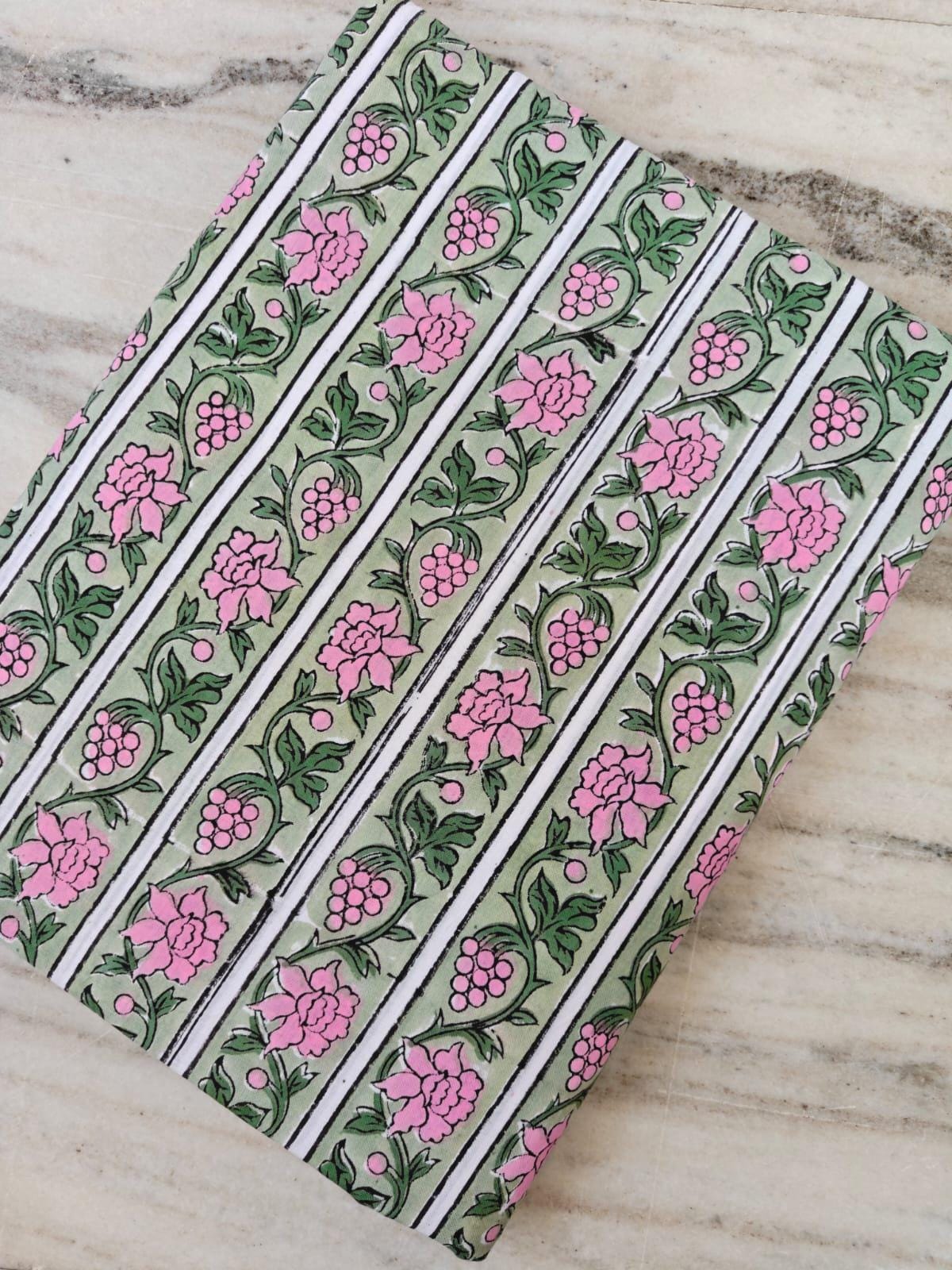 Green and Pink Indian Hand Block Print Fabric, Floral 100% Cotton Quilting Fabric By The Yard, Fabric For Dress Making, Loose Running Fabric