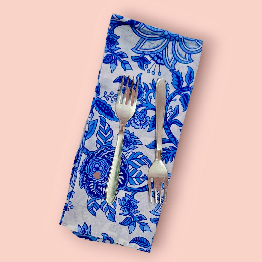 Blue Floral Cotton Napkins | Hand Block Print Dinner Napkin Set | Indian Cloth Napkins Table Decor | Eco-Friendly Reusable Fabric Napkins