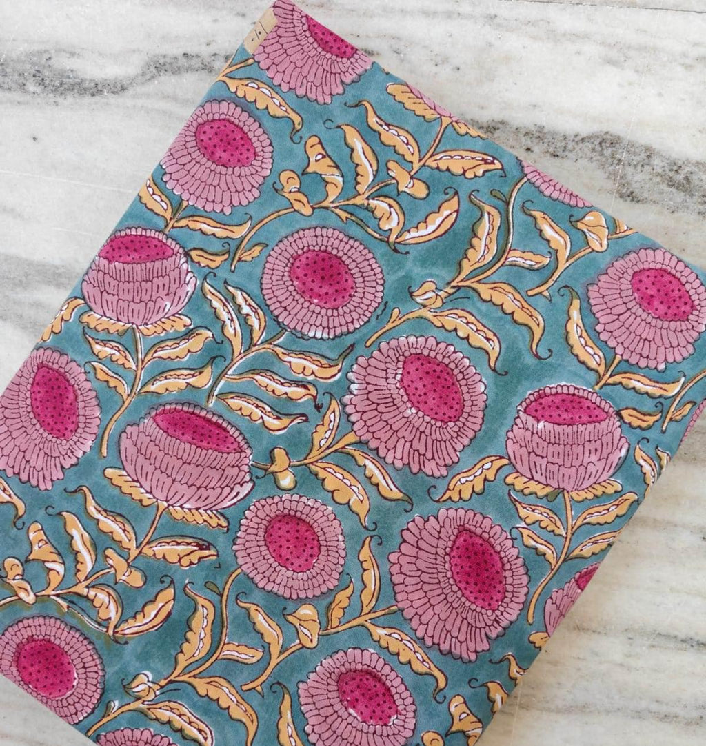 Teal Blue Floral Cotton Fabric, Pink Block Print Fabric, Indian Hand Printed Textile, Boho Sewing Fabric by Yard, Fabric For Dress Making