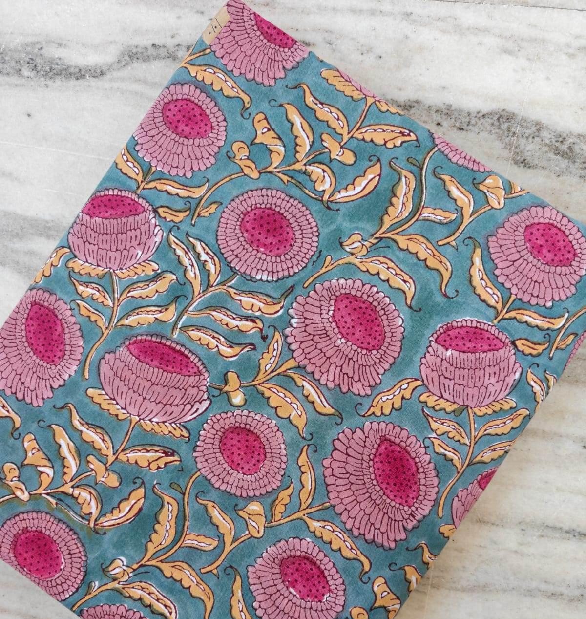 Teal Blue Floral Cotton Fabric, Pink Block Print Fabric, Indian Hand Printed Textile, Boho Sewing Fabric by Yard, Fabric For Dress Making