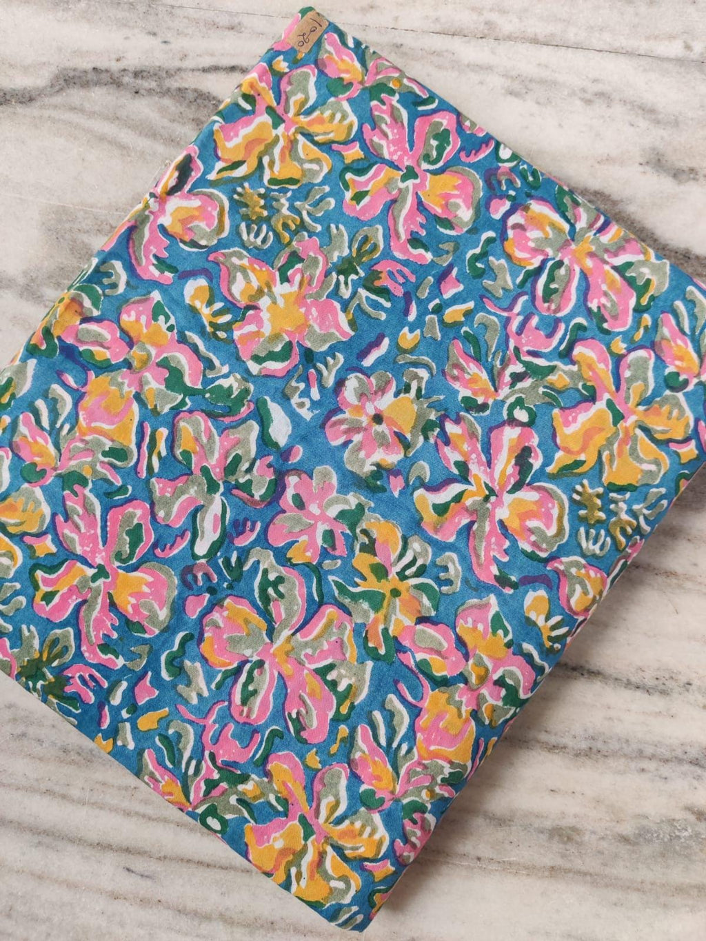 Blue Hand Block Printed Multicolor Fabric by the Yard, Indian Cotton for Sewing, Quilting, Women's Dressmaking Fabric, Floral Kurta Fabric