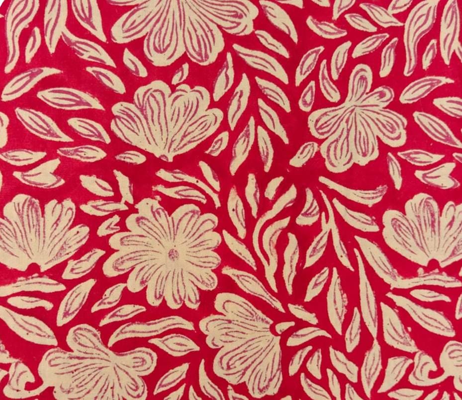 Red Floral Cotton Fabric, Beige Leaf Block Print, Indian Hand Printed Fabric by Yard, Quilting Sewing Dressmaking, Loose Running Fabrics