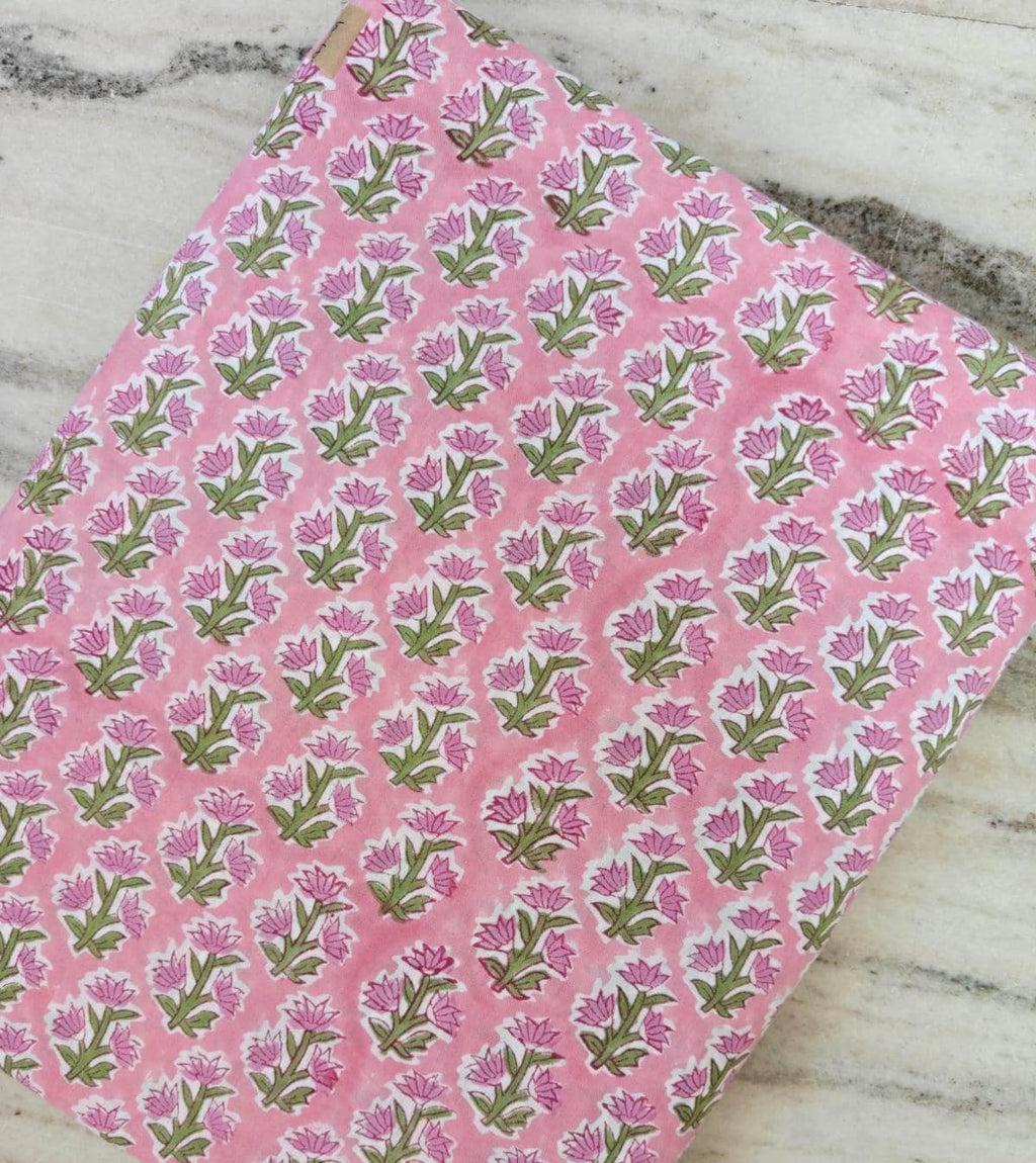 Pink Floral Hand Block Print Cotton Fabric – Indian Buti Print Fabric by the Yard – Soft Lightweight Cotton for Dressmaking & Quilting