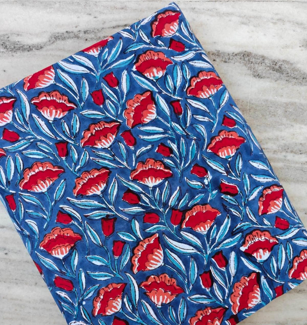 Soft Cotton, Indian Hand Block Print Fabric, Blue and Red Flower Floral 100% Cotton Fabric By The Yard, Fabric for Loose Running Fabric