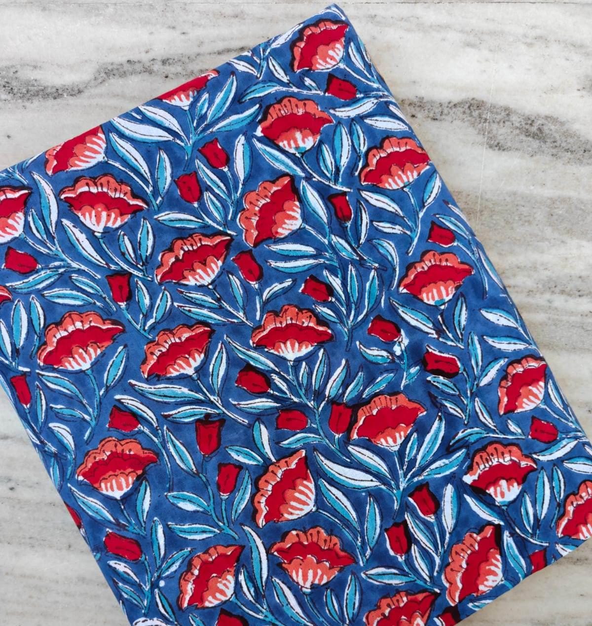 Soft Cotton, Indian Hand Block Print Fabric, Blue and Red Flower Floral 100% Cotton Fabric By The Yard, Fabric for Loose Running Fabric