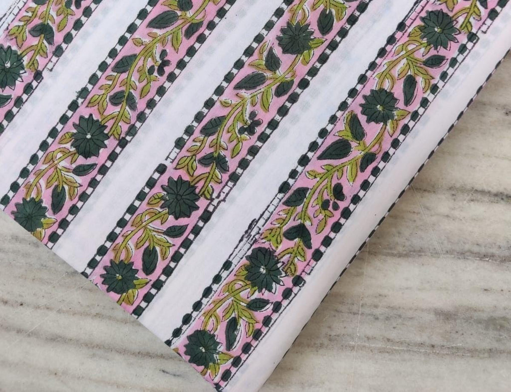 White Cotton Fabric with Green Floral Vines & Pink Stripes, Indian Hand Block Print Fabric by the Yard, Soft Cotton for Quilting,Dressmaking