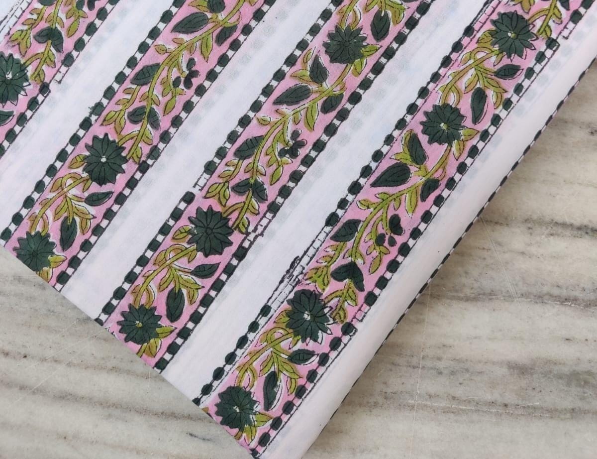 White Cotton Fabric with Green Floral Vines & Pink Stripes, Indian Hand Block Print Fabric by the Yard, Soft Cotton for Quilting,Dressmaking