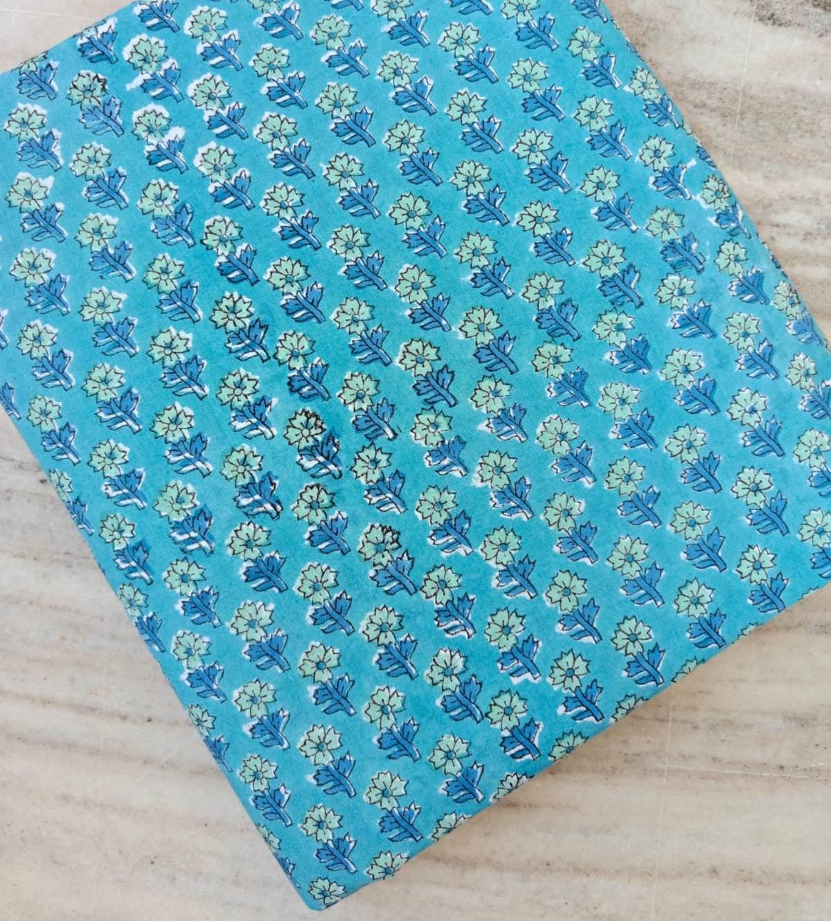Turquoise Floral Cotton Fabric, Hand Block Print Fabric, Blue Flower Indian Cotton, Craft Sewing, Quilting Fabric, Soft Lightweight Textile