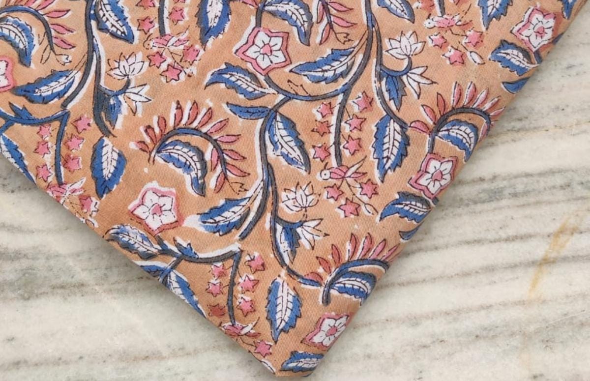 Pink & Blue Indian Hand Block Print Fabric, 100% Cotton Quilting Fabric By The Yard, Dressmaking Fabric, Loose Running Fabric, Napkin Fabric
