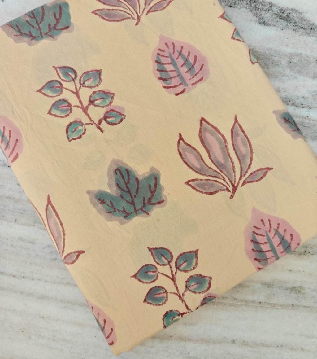 Beige Botanical Cotton Fabric by the Yard – Hand Block Print Leaf Fabric – Indian Cotton for Quilting & Dressmaking, Handmade Fabrics