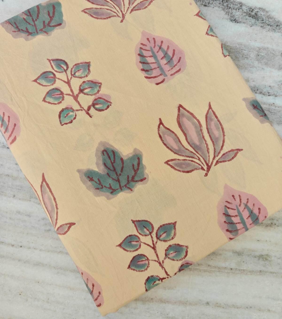 Beige Botanical Cotton Fabric by the Yard – Hand Block Print Leaf Fabric – Indian Cotton for Quilting & Dressmaking, Handmade Fabrics