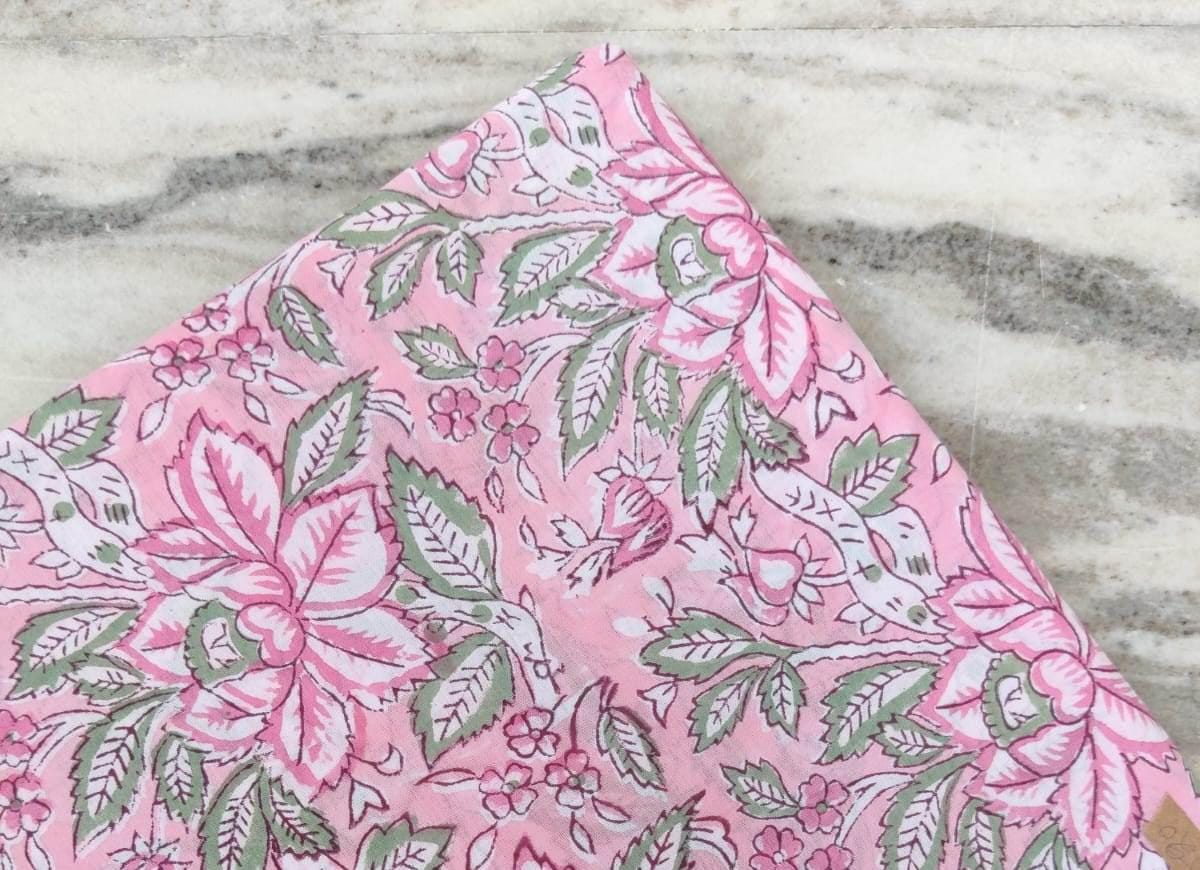 Pink Floral Cotton Fabric by the Yard, Hand Block Print Fabric with Green Leaves, Soft Indian Cotton for Sewing & Quilting, Textile Fabric