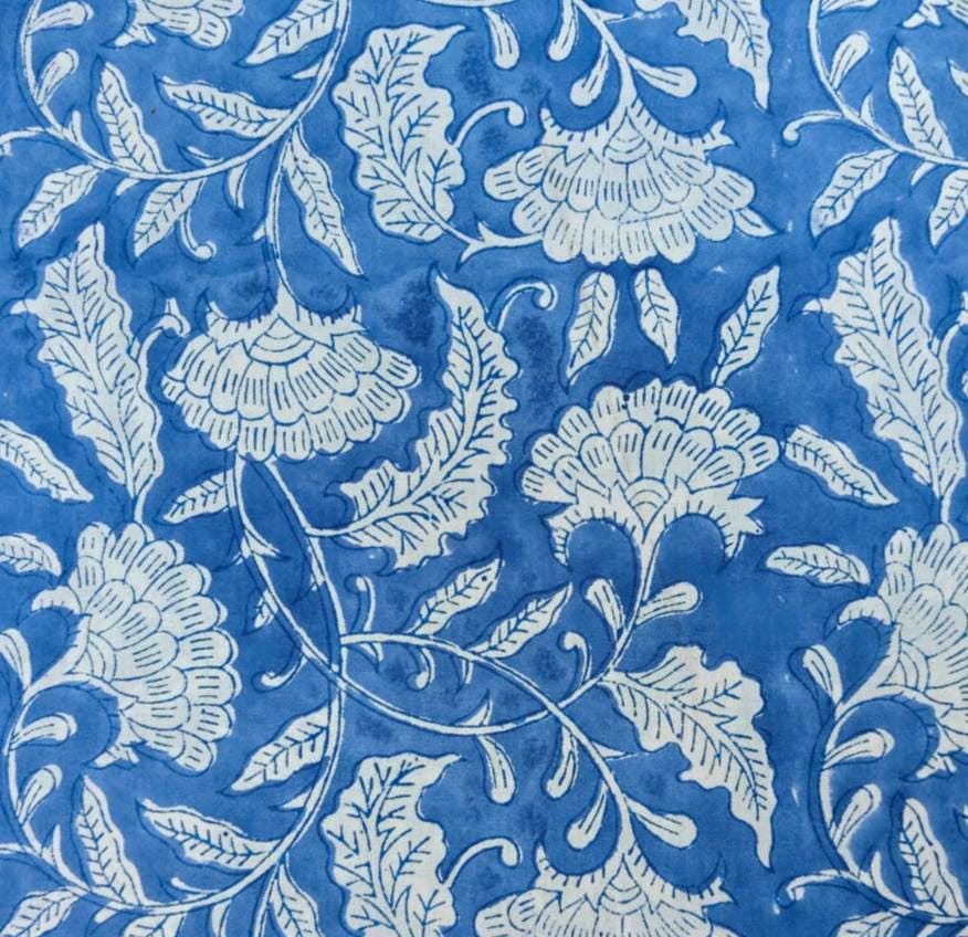 Blue Floral Cotton Fabric, Hand Block Print Fabric, Indian Cotton Textile, Blue White Botanical Fabric, Quilting Sewing Craft Fabric by Yard