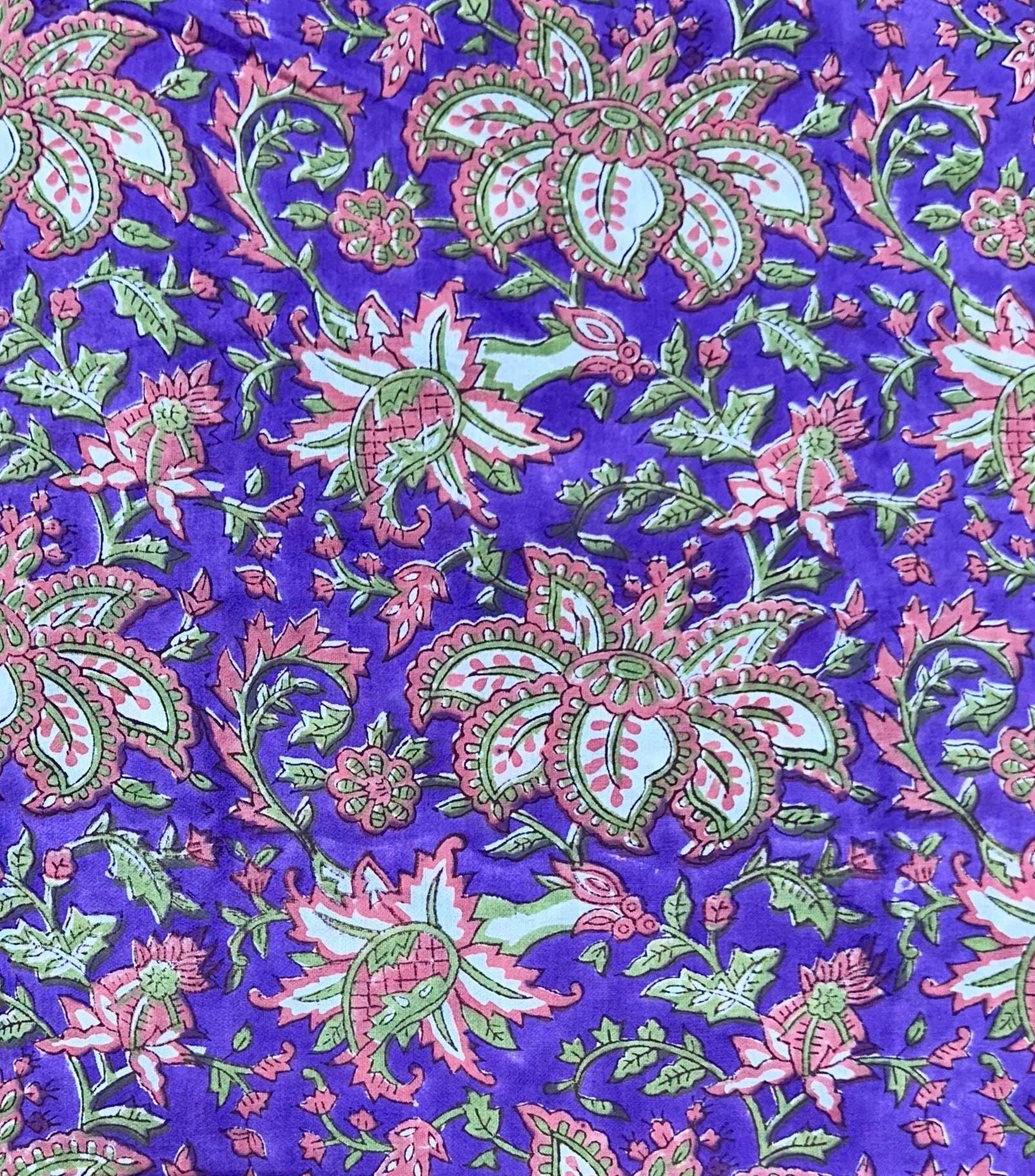 Purple Floral Hand Block Print Cotton Fabric, Indian Block Printed Fabric by Yard, Boho Flower Cotton Fabric for Dressmaking, Quilting