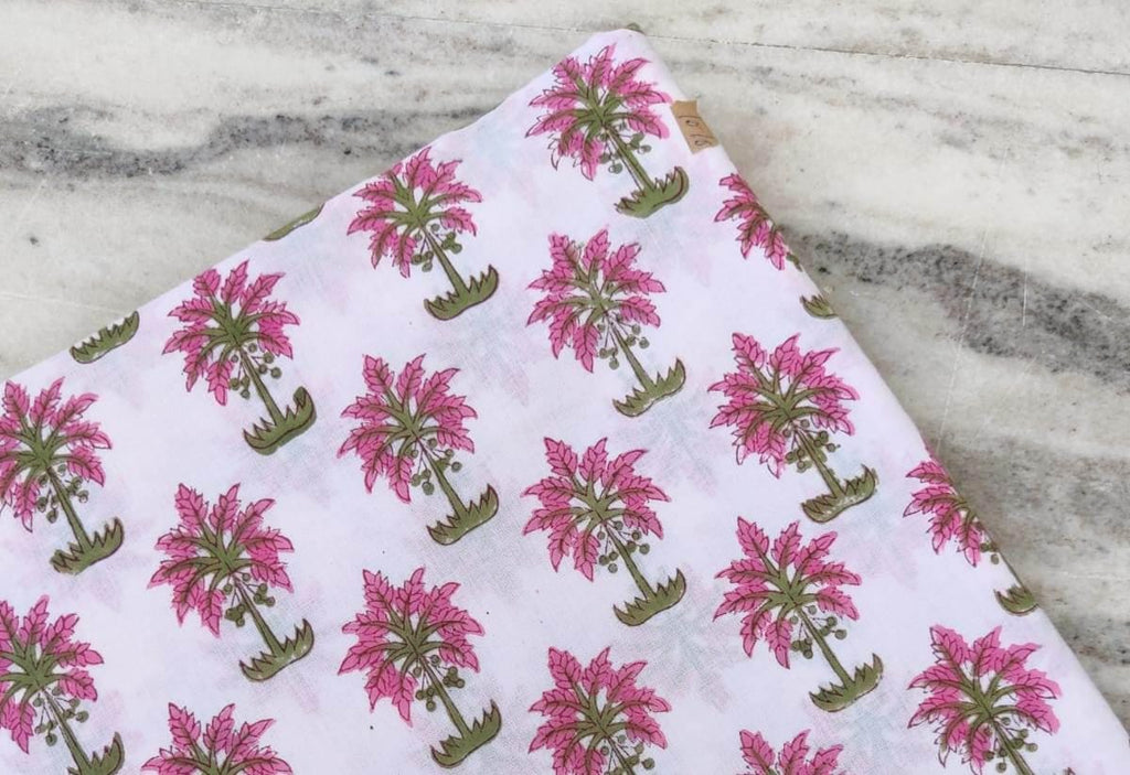 Pink Palm Tree Cotton Fabric: Tropical Block Print for Sewing & Quilting