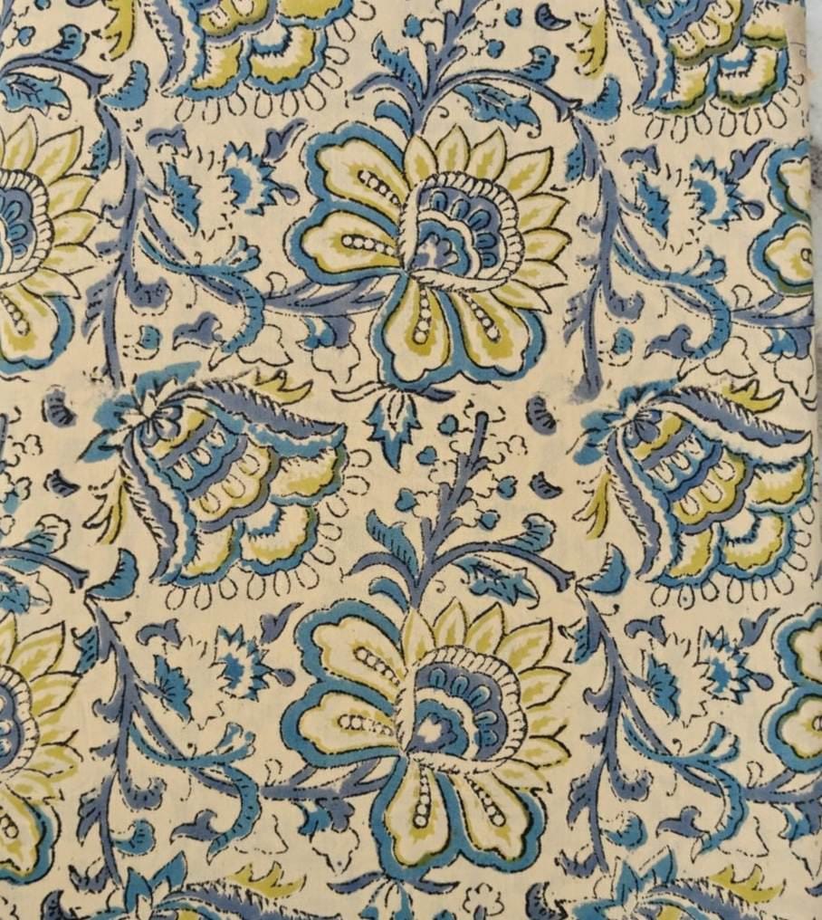 Blue and Yellow Floral Cotton Fabric by the Yard, Indian Block Print Fabric, Cream Botanical Vine Print, Quilting Dressmaking Craft Fabric